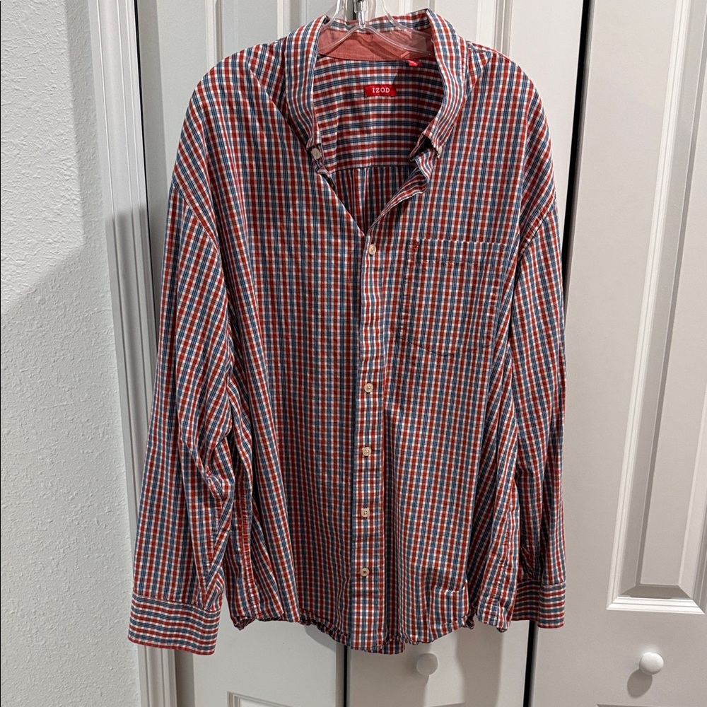Izod Men's Red and Blue Plaid Button Down Shirt